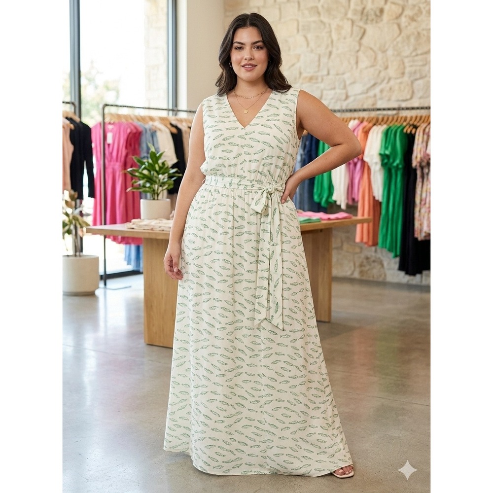 Sleeveless V-Neck Maxi Dress in White with Green Fish Print